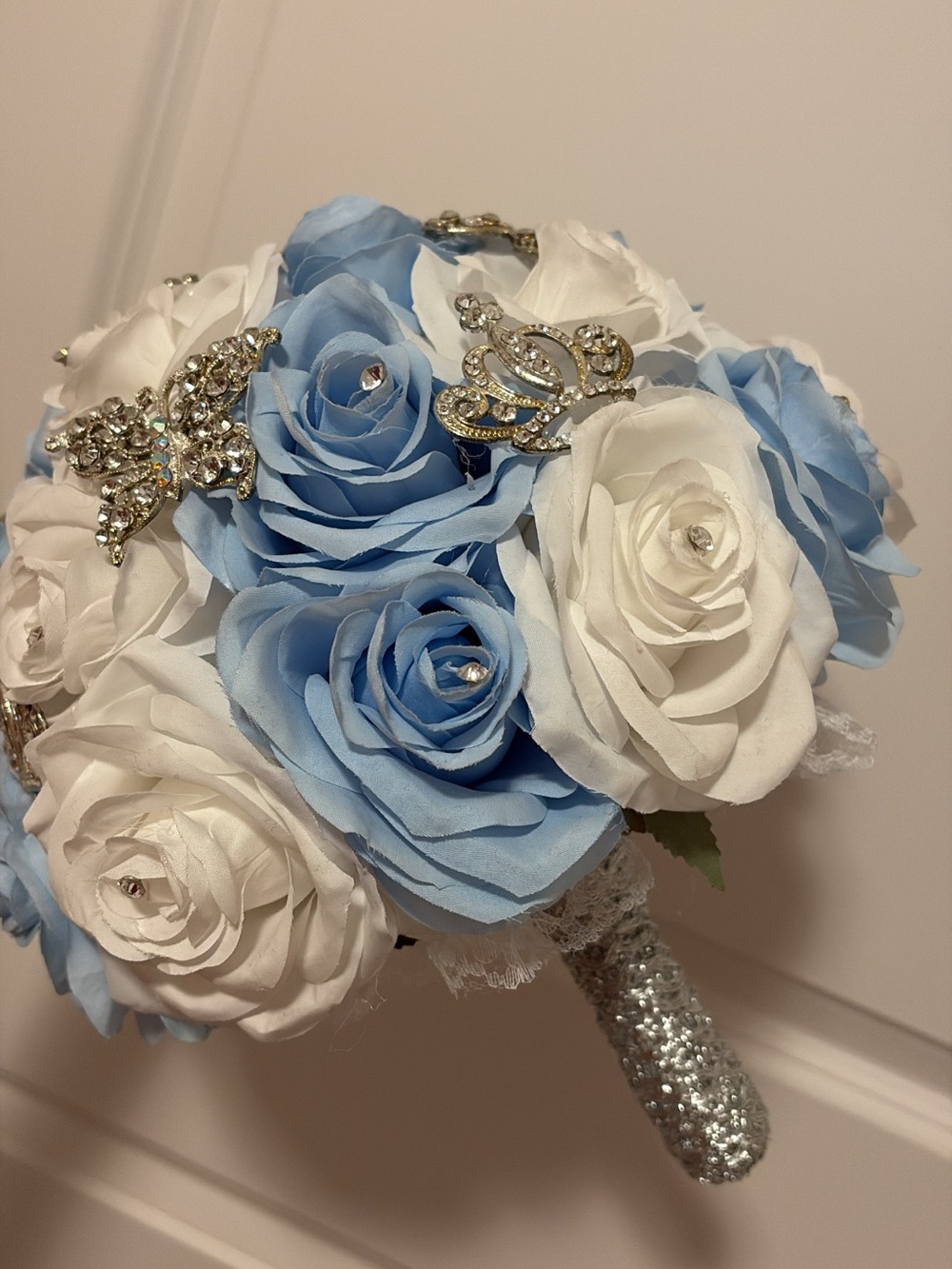 Blue and White Faux Rose Bridal/Quince Bouquet with Rhinestone Brooches